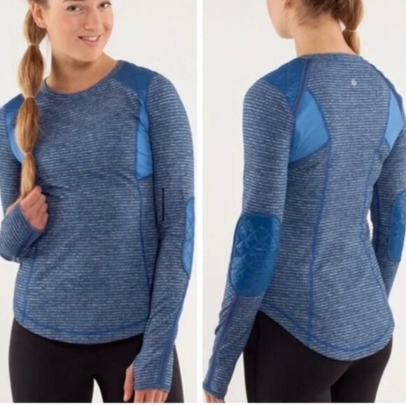 Lululemon Shirt Womens 10 Blue Stripe Long Sleeve Thumbholes Quilted Elbow Mesh - Picture 1 of 16